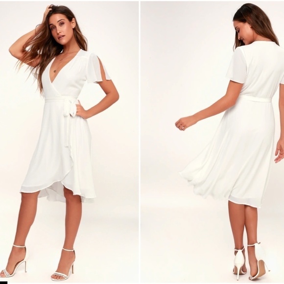 LULU's Elegant Wedding Bridal Shower Engagement Flowy White Chic Midi Dress - Picture 3 of 3